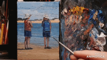 a painting of two people standing on a beach is being made in animatica
