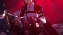 a girl in a white shirt and red gloves holds a sword