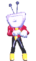 a pixel art drawing of a cartoon character with a purple head