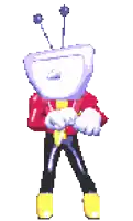 a pixel art drawing of a cartoon character with a purple head