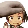 a hand is putting a hat on a cartoon character .