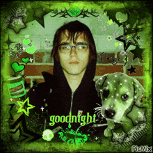 a picture of a man and a dog with the words goodnight written on the bottom