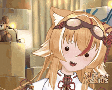 a cartoon of a girl with a teddy bear behind her and the word kenios on the bottom