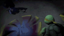 a ninja is fighting a green turtle with a fork