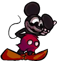 a cartoon mickey mouse is standing on a skateboard and waving at the camera .