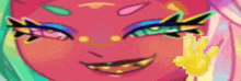 a close up of a pixel art drawing of a girl 's face with a yellow flower in her hand .