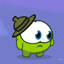 a green cartoon character wearing a hat and a sad look on his face