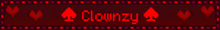the word clownzy is on a red background with red hearts
