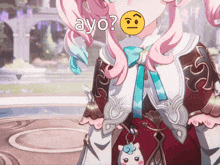 a girl with pink hair has a smiley face on her face and the words ayo on the bottom