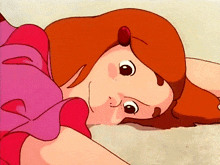 a cartoon girl with red hair is laying on her back