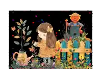 a girl watering flowers in a garden with a scarecrow