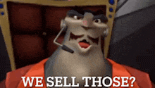 a cartoon character with a microphone on his head is asking if we sell those