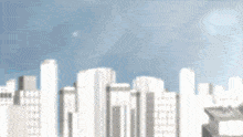 a cartoon character is flying over a city
