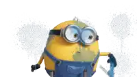 a yellow minion wearing blue overalls and goggles holding a blue hammer