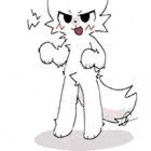 a drawing of a white cat with a red heart in its mouth standing on a white background .