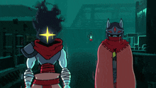 two cartoon characters are standing next to each other with one wearing a red cloak