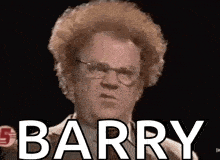 a man with curly hair and glasses is standing in front of a black background with the word barry written on it .