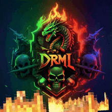 a dragon and skulls with the word drml in the middle