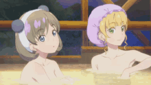 two anime girls are taking a bath and one is wearing a purple hat