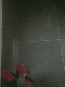 a person wearing red shoes is standing on a tile floor