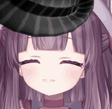 a close up of a girl with purple hair and a hat on her head