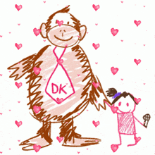a drawing of a monkey and a little girl with the monkey wearing a tie that says dk