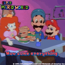 a poster for super mario world shows mario luigi and peach eating hamburgers