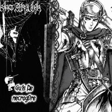 a black and white drawing of a man holding a sword with the words guts de necrogore written below him