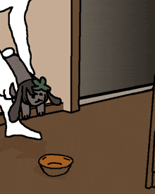 a cartoon drawing of a dog with a bowl of food