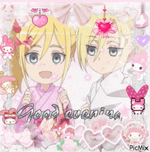 a picture of two anime characters with the words good evening written on it