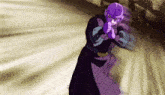a cartoon character in a purple outfit is pointing at something