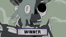 a cartoon drawing of a skeleton with horns and a winner sign .