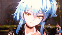 a close up of a blue haired anime character with a choker