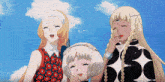 three anime girls are standing next to each other with one wearing a polka dot shirt