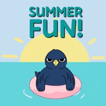 a penguin is floating in the water with the words summer fun