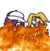 a couple of cartoon characters laying on top of a pile of fire