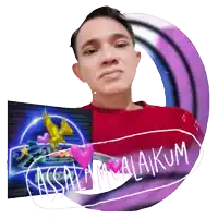 a man in a red shirt is surrounded by a purple circle that says ' assalamualaikum ' on it