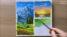 a person is painting a landscape with sap green and ultrablue paint