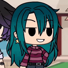 a cartoon girl with blue hair is smiling and wearing a striped shirt and earrings .