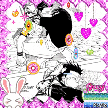 a picture of two men with hearts and donuts and the words gay at the bottom