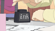 a black ink bottle sits on a table in a cartoon