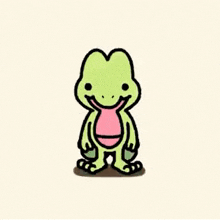 a cartoon frog with a pink tongue sticking out is smiling .