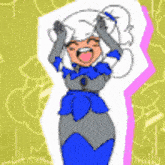 a cartoon of a girl in a blue and gray dress with white hair .
