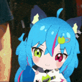 a cartoon girl with blue hair and green eyes