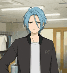 a man with blue hair is wearing a black jacket and a white shirt