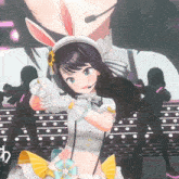 a girl with bunny ears and a microphone in her mouth