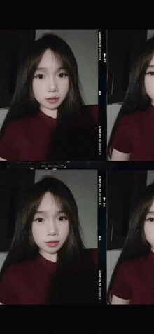 a girl in a red shirt is taking a picture with a camera that says unfold on it