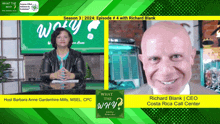 a woman sits at a desk next to a bald man with the words what the why written on the bottom