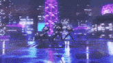 three people are dancing on a stage in front of a neon city