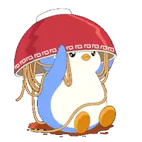 a cartoon penguin is wearing a bowl of noodles on his head